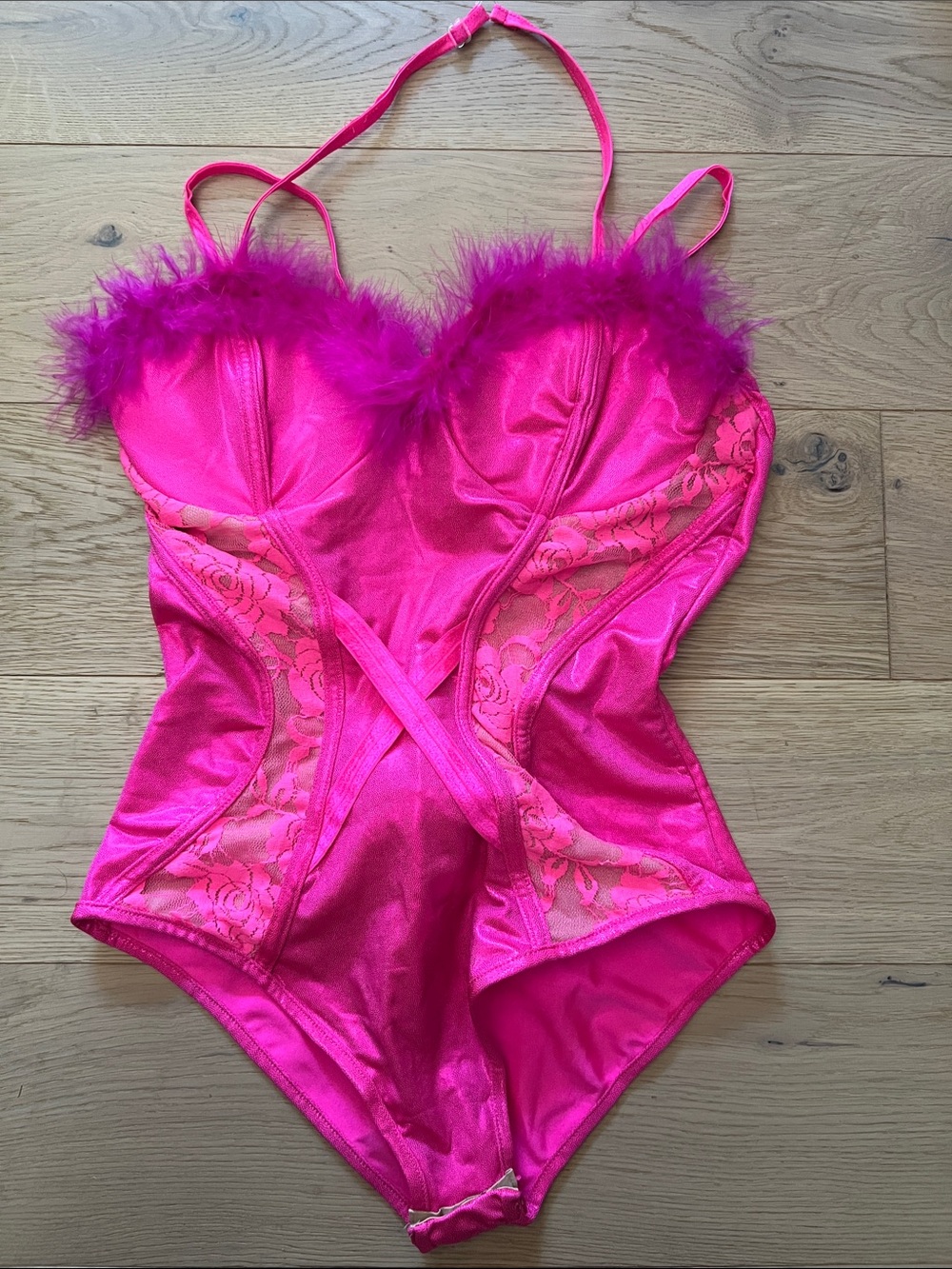 Women's Hot Pink Bunny Lace-Trim Teddy Bodysuit/Costume